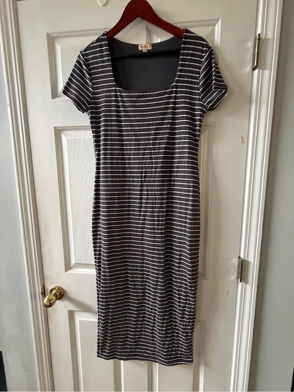J for Justify Black and White Striped Midi Scoop Neck Dress